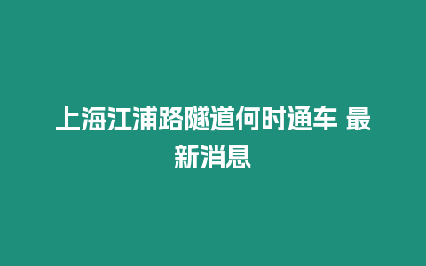 上海江浦路隧道何時通車 最新消息