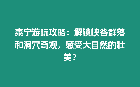 泰寧游玩攻略：解鎖峽谷群落和洞穴奇觀，感受大自然的壯美？