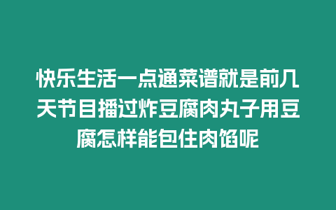 快樂生活一點(diǎn)通菜譜就是前幾天節(jié)目播過炸豆腐肉丸子用豆腐怎樣能包住肉餡呢