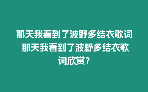 那天我看到了波野多結衣歌詞 那天我看到了波野多結衣歌詞欣賞？