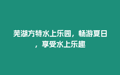 蕪湖方特水上樂園，暢游夏日，享受水上樂趣