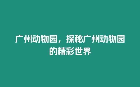 廣州動物園，探秘廣州動物園的精彩世界