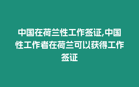 中國在荷蘭性工作簽證,中國性工作者在荷蘭可以獲得工作簽證