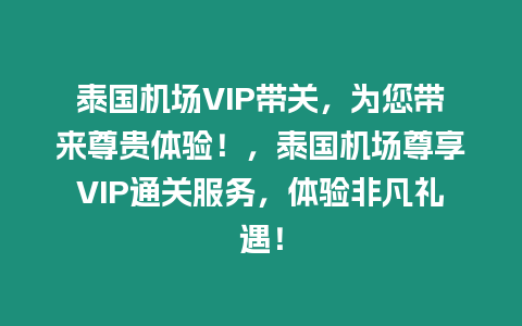 泰國機場VIP帶關，為您帶來尊貴體驗！，泰國機場尊享VIP通關服務，體驗非凡禮遇！