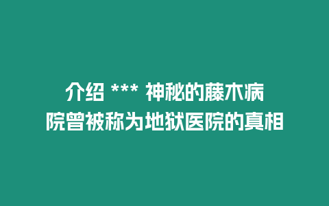 介紹 *** 神秘的藤木病院曾被稱為地獄醫(yī)院的真相