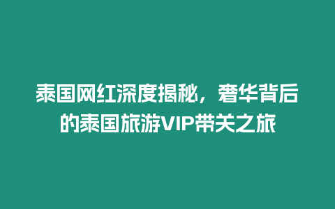 泰國網(wǎng)紅深度揭秘，奢華背后的泰國旅游VIP帶關(guān)之旅